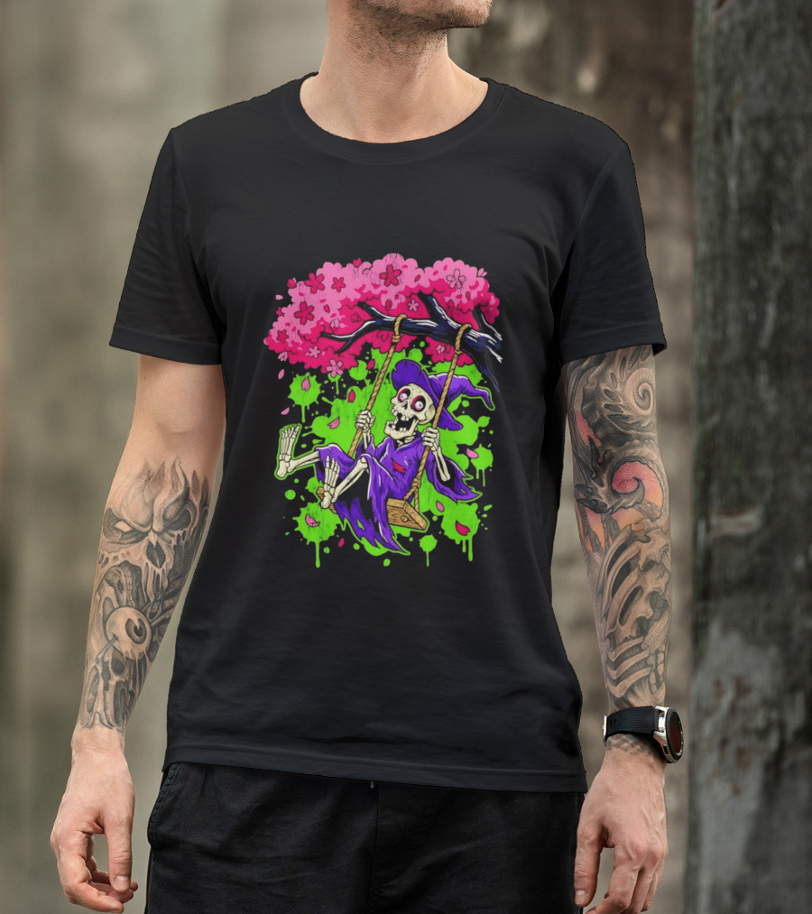 Morbid Whimsy Skeleton Witch Swinging Under Cherry Blossom Tree T-Shirt