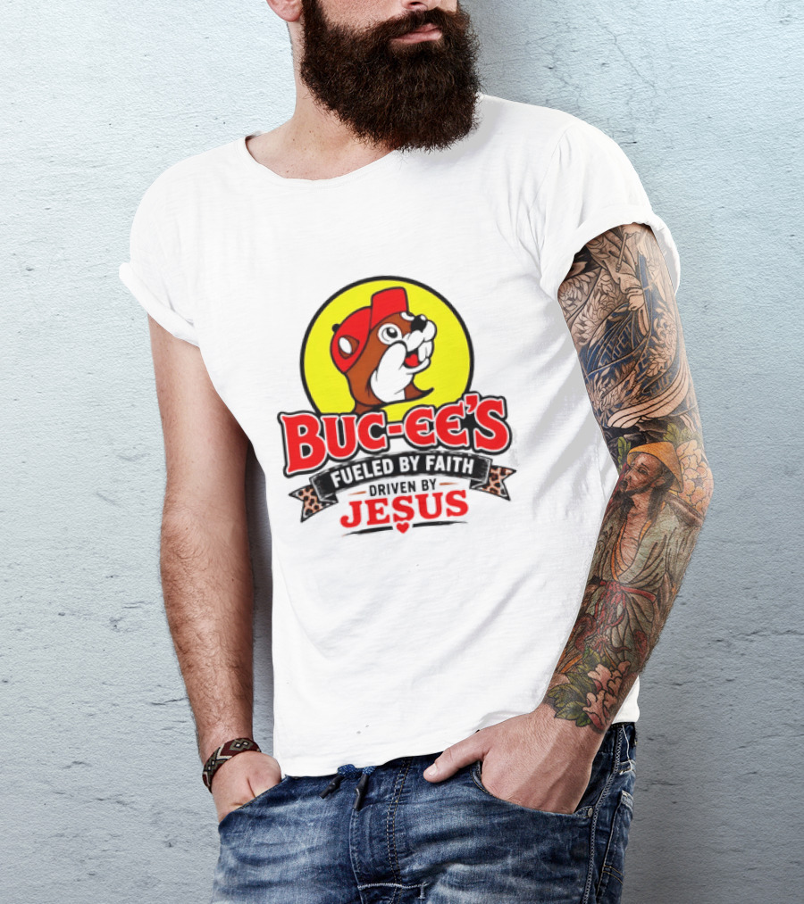 Buc Ee's Fueled By Faith Driven By Jesus Yellow Circle Red Cap T-Shirt