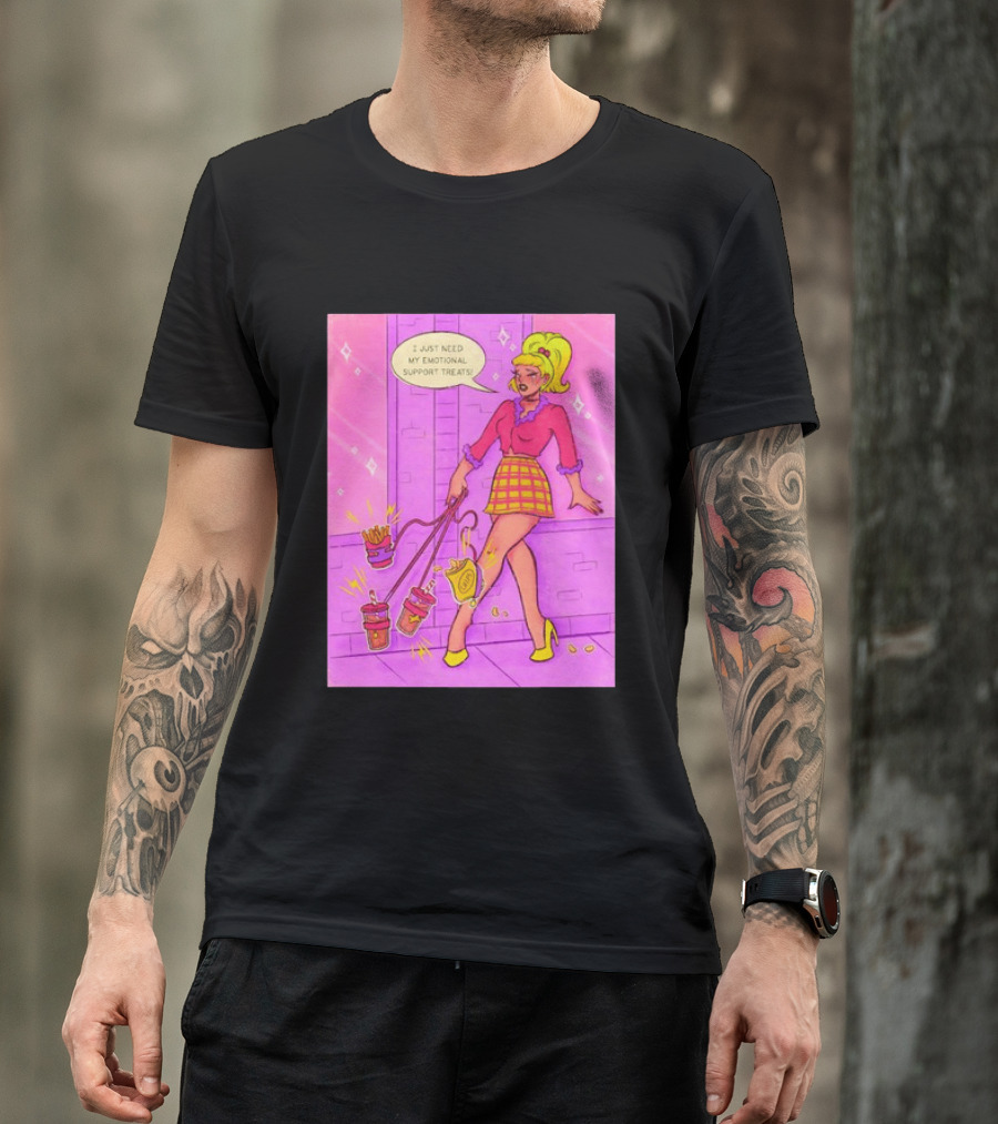 I Just Need My Emotional Support Treats Comic Style Girl With Drinks And Fries T-Shirt