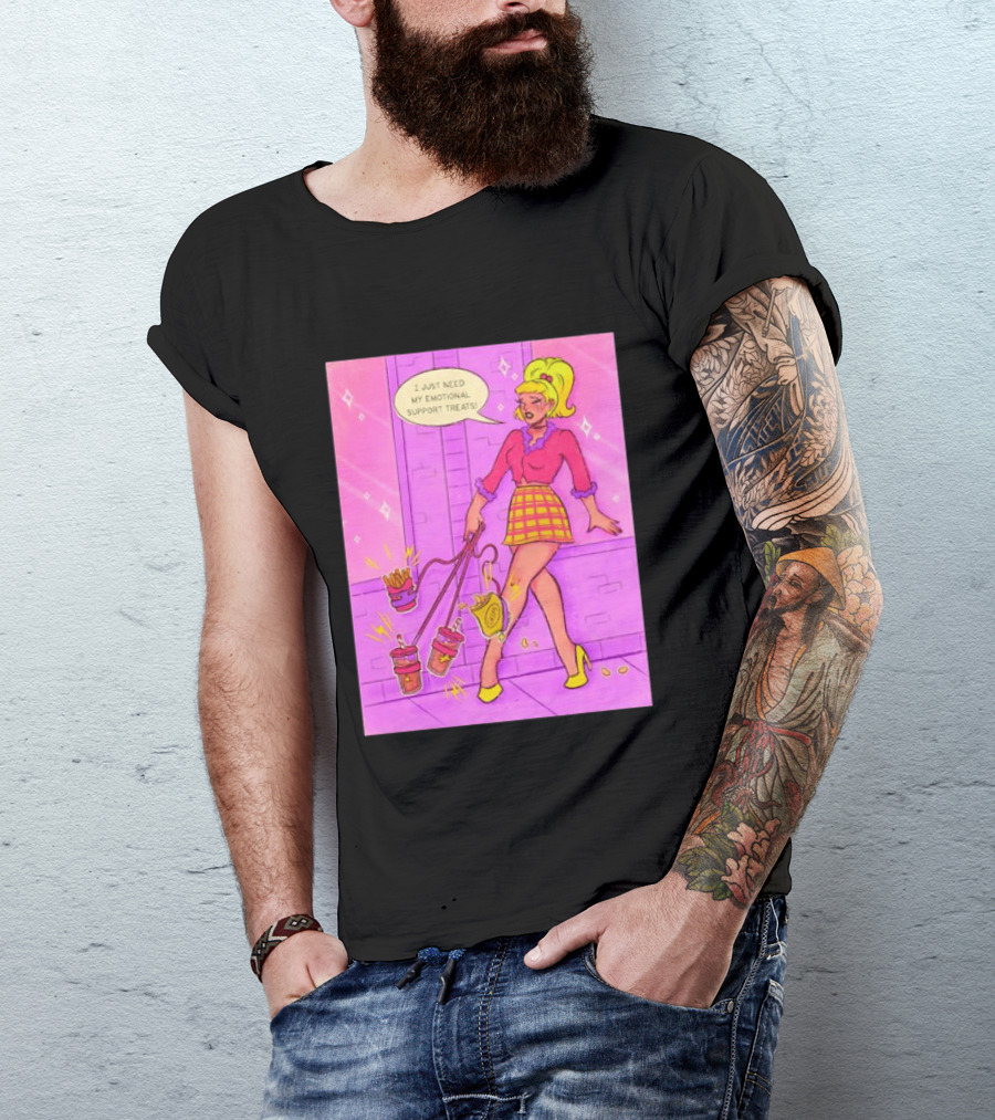 I Just Need My Emotional Support Treats Comic Style Girl With Drinks And Fries T-Shirt