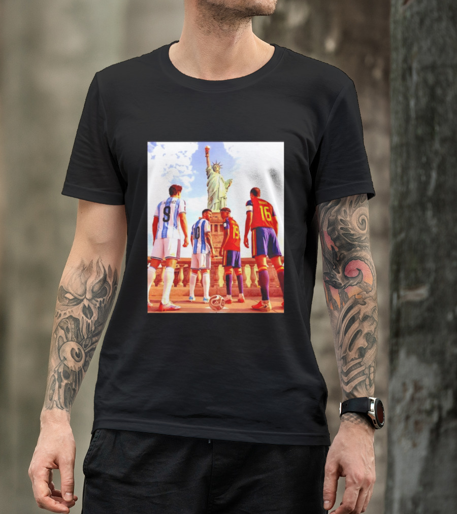 Lionel Messi J Alvarez Lamine Yamal Rodrigo Football Statue Of Liberty Argentina Spain Soccer T-Shirt