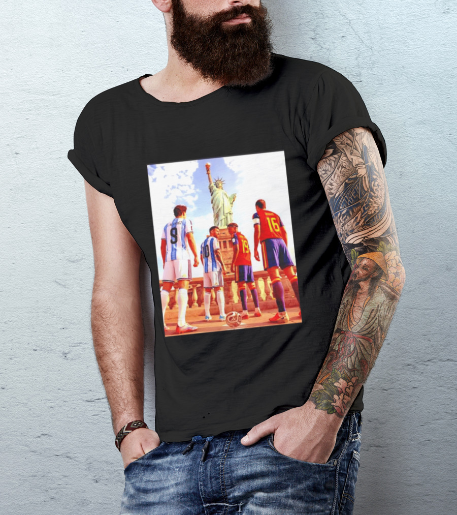 Lionel Messi J Alvarez Lamine Yamal Rodrigo Football Statue Of Liberty Argentina Spain Soccer T-Shirt