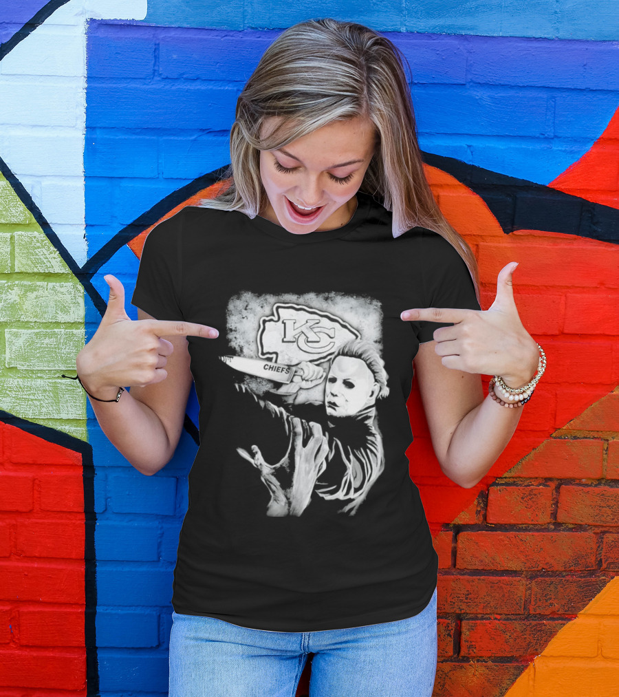 Michael Myers Holding Knife With KC Chiefs T-Shirt