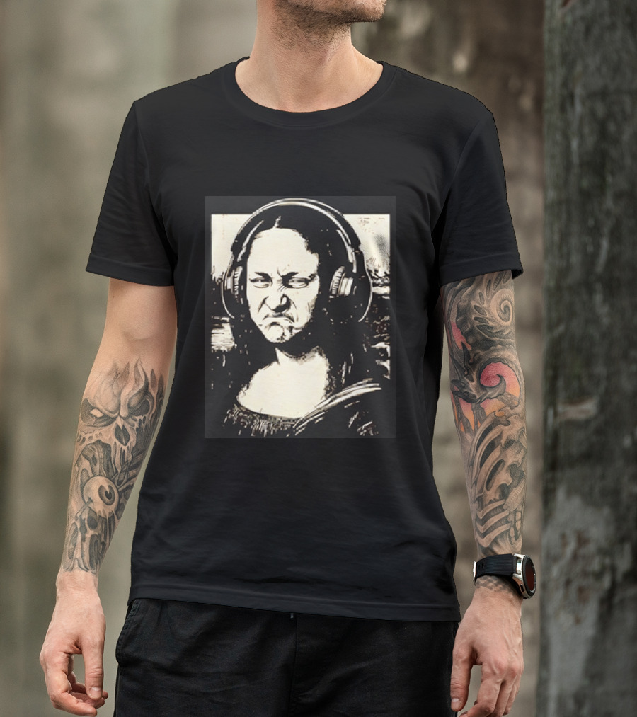 Mona Lisa Headphones Grumpy Expression Fusion T-Shirt
