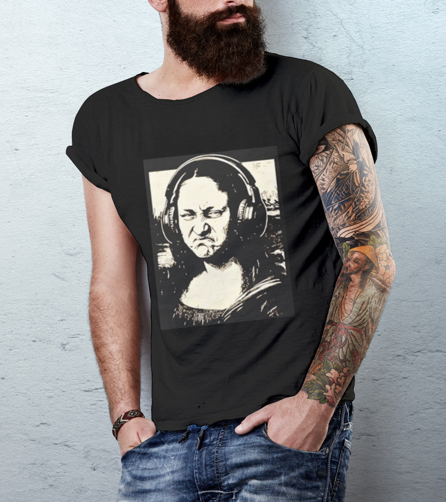 Mona Lisa Headphones Grumpy Expression Fusion T-Shirt