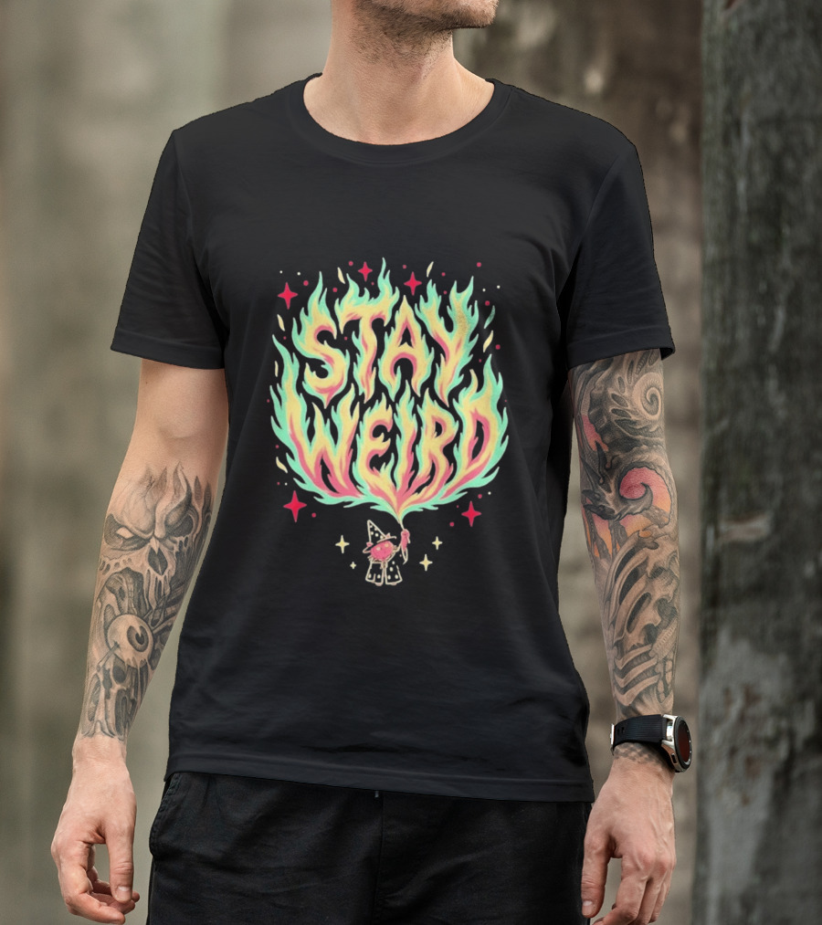Stay Weird Magic Flames Wizard Cat Stars Cosmic T-Shirt