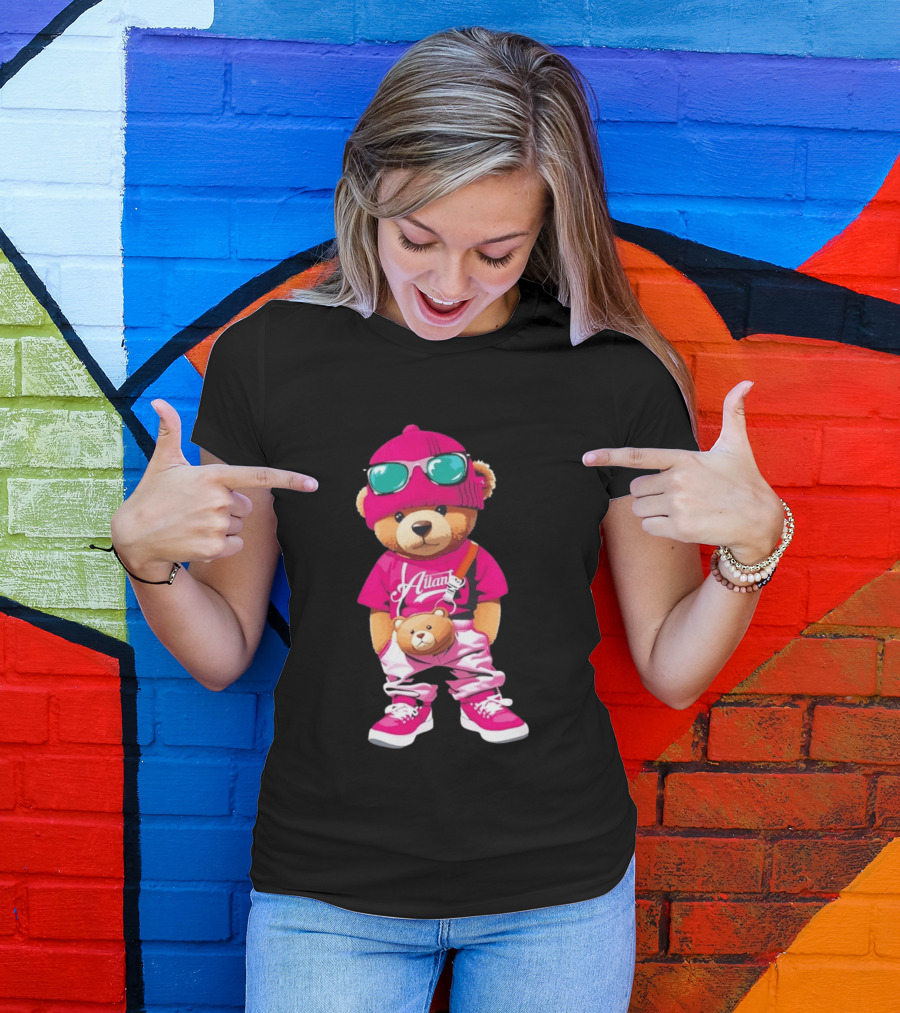 Ailan Teddy Bear Stylish Streetwear Outfit Pink Beanie Sunglasses And Bear Bag T-Shirt