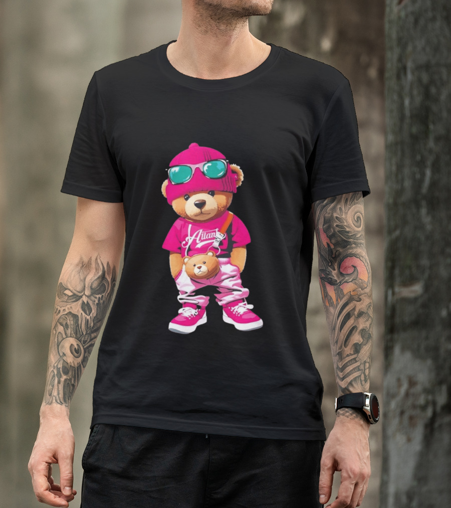 Ailan Teddy Bear Stylish Streetwear Outfit Pink Beanie Sunglasses And Bear Bag T-Shirt