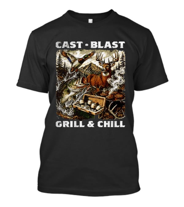 Cast Blast Grill & Chill Deer Fish Camping Scene T-Shirt