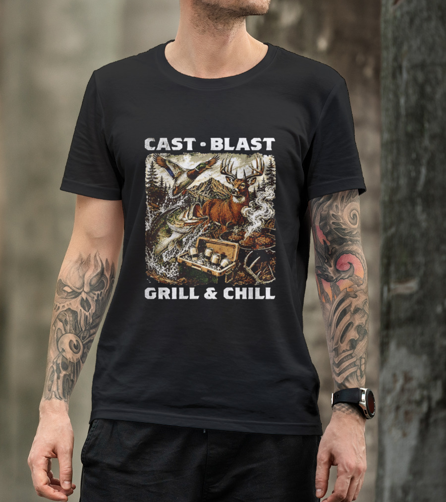 Cast Blast Grill & Chill Deer Fish Camping Scene T-Shirt