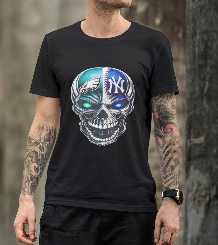 Philadelphia Eagles New York Yankees Skull Glow Eyes T-Shirt