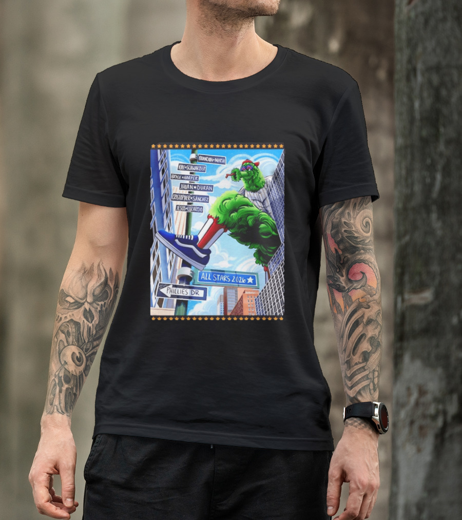 Phillies Dr Phillie Phanatic Brandon Marsh Kyle Schwarber Bryce Harper Johan Duran Christopher Sanchez Jesus Luzardo All Stars 2026 T-Shirt