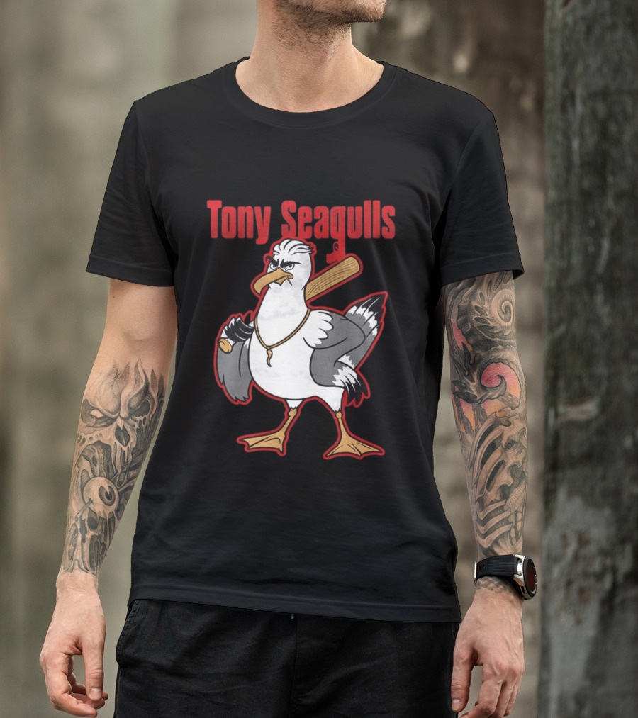 Tony Seagulls Baseball Cartoon Character With Bat T-Shirt