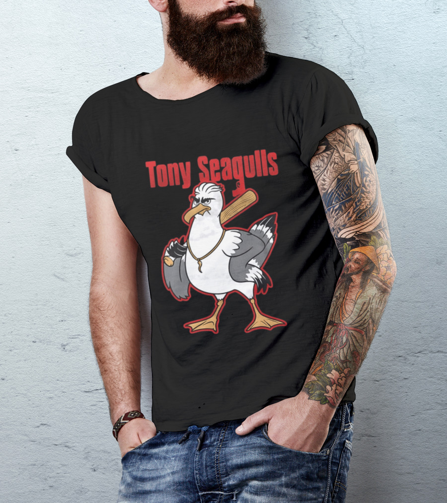 Tony Seagulls Baseball Cartoon Character With Bat T-Shirt