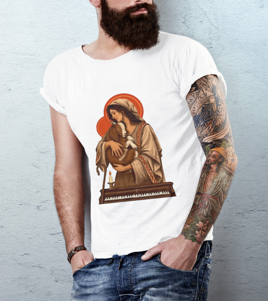 Woman Embracing Goat With Candle And Piano Halo T-Shirt