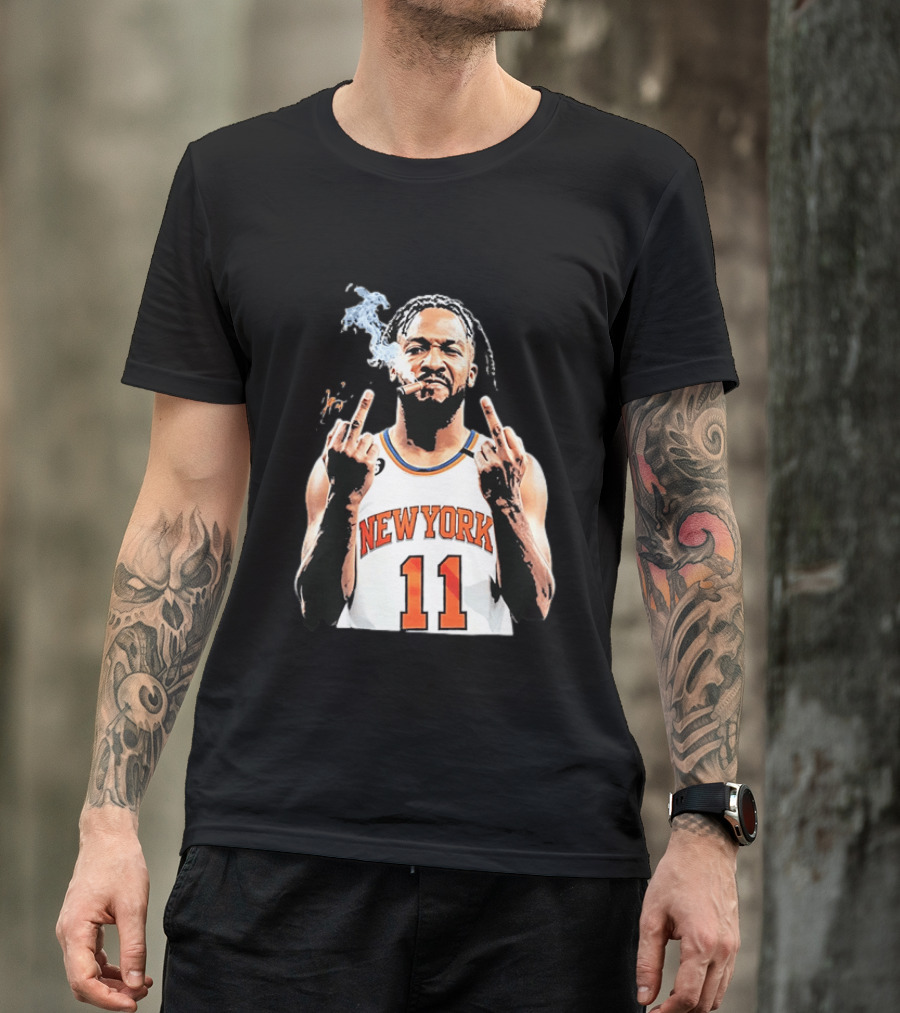 New York Knicks Jalen Brunson 11 Smoking Cigar Middle Finger Pose T-Shirt
