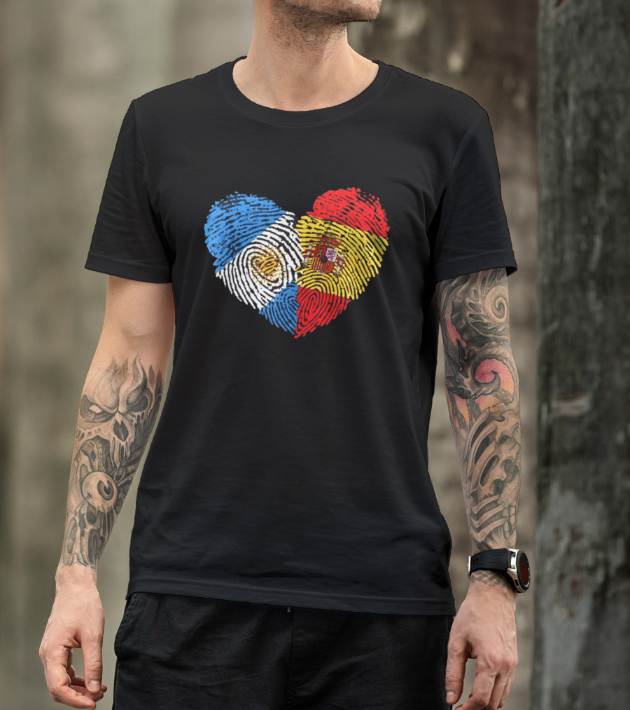 Half Spain Half Argentine Heart Fingerprints Flags Spain Argentina T-Shirt