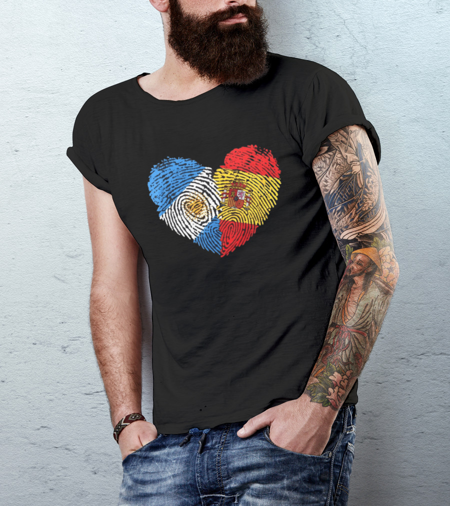 Half Spain Half Argentine Heart Fingerprints Flags Spain Argentina T-Shirt