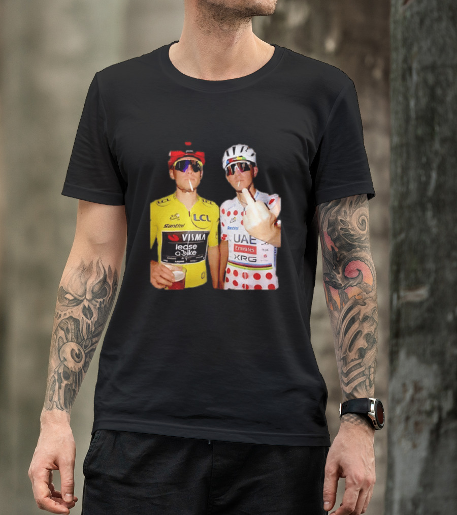 Jonas Vingegaard Tadej Pogačar 2026 Tour De France Visma UAE LCL Santini Emirates XRG Visor Beer Gesture T-Shirt