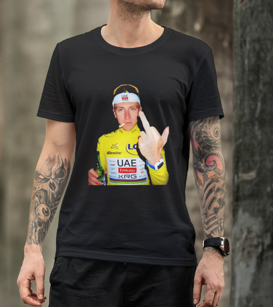 Tadej Pogačar Yellow Jersey Middle Finger Tour De France UAE Emirates LCL Santini T-Shirt