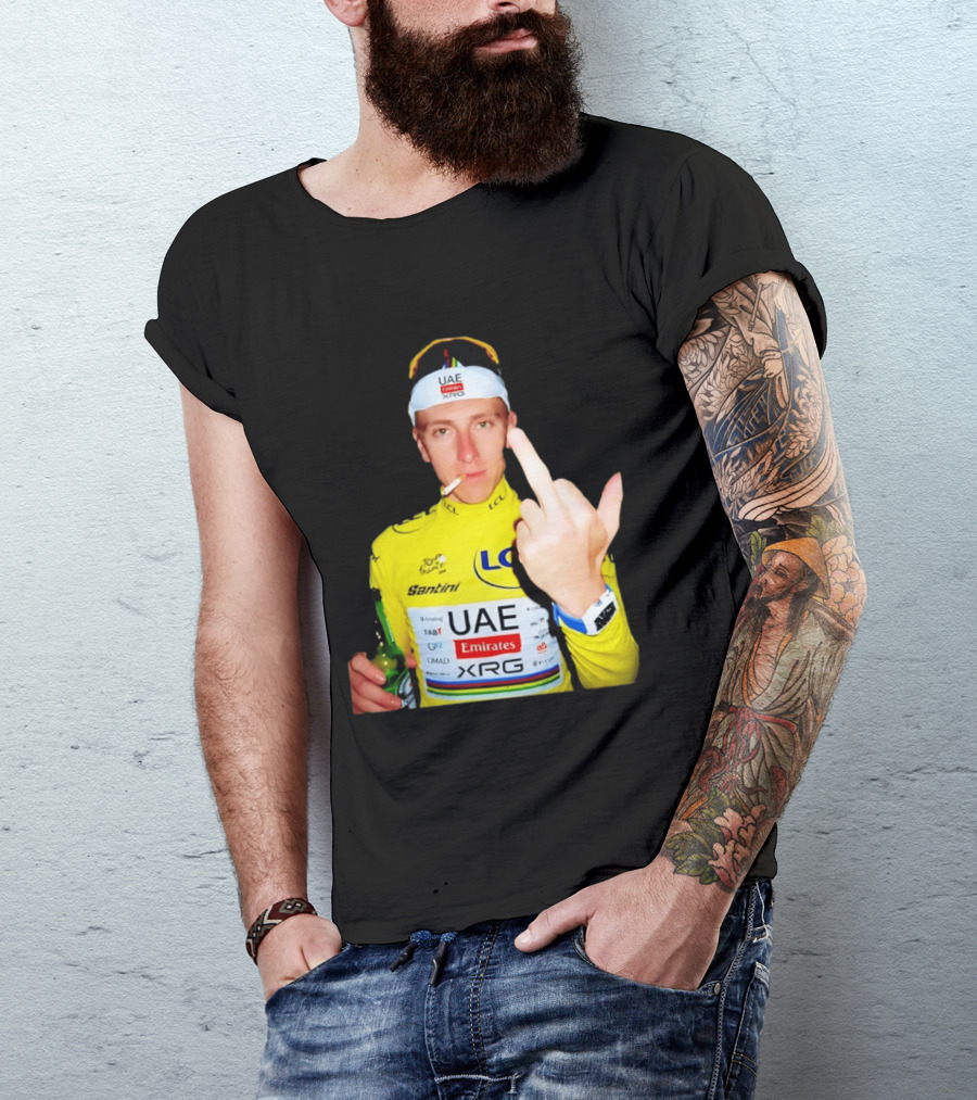 Tadej Pogačar Yellow Jersey Middle Finger Tour De France UAE Emirates LCL Santini T-Shirt