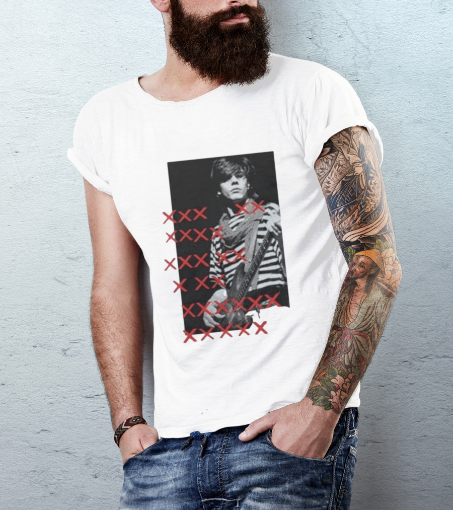 John Taylor X Punk Masters Striped Bass Guitar Image Red XXX Marks T-Shirt