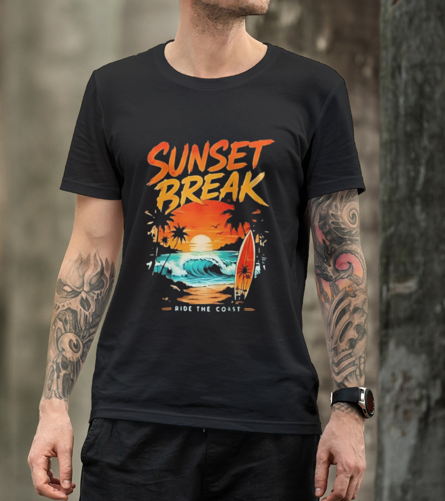 Sunset Break Surfing Ride The Coast Ocean Waves And Surfboard Scene T-Shirt