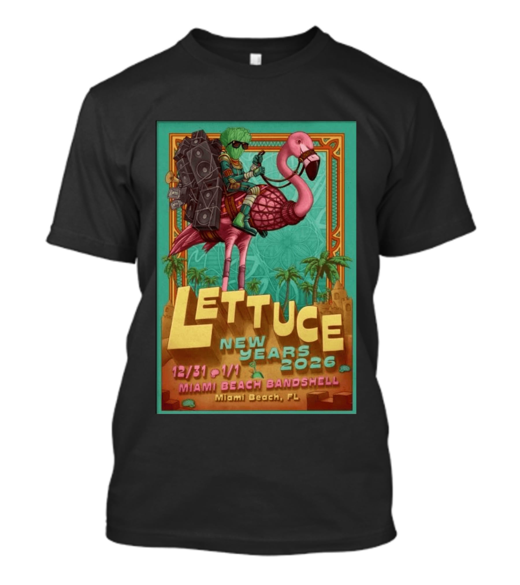 Lettuce New Years 2026 Miami Beach Bandshell Miami Beach FL With Sunglasses Flamingo And Speakers T-Shirt