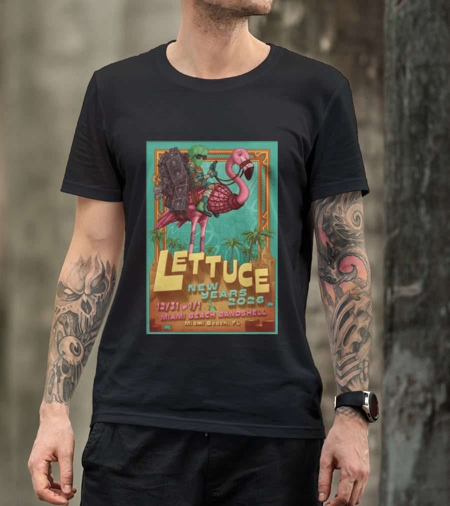 Lettuce New Years 2026 Miami Beach Bandshell Miami Beach FL With Sunglasses Flamingo And Speakers T-Shirt