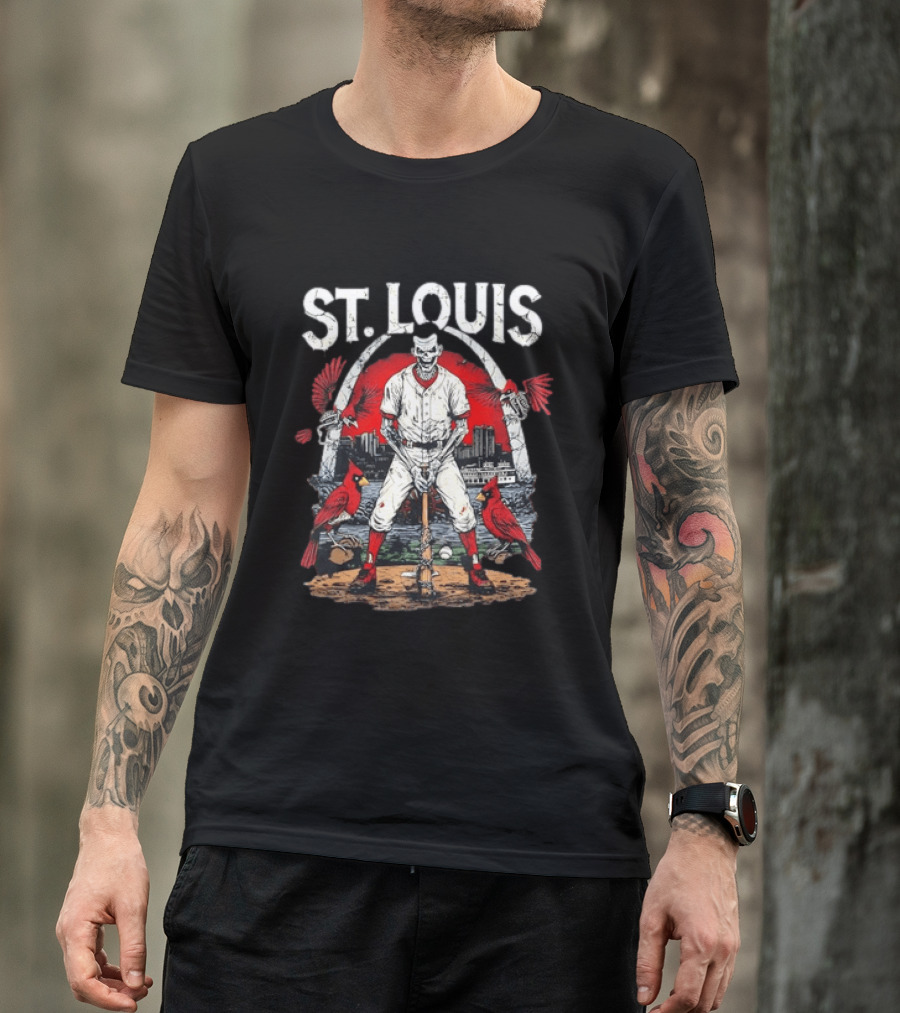 St. Louis Baseball Skeleton With Cardinals And Arch T-Shirt