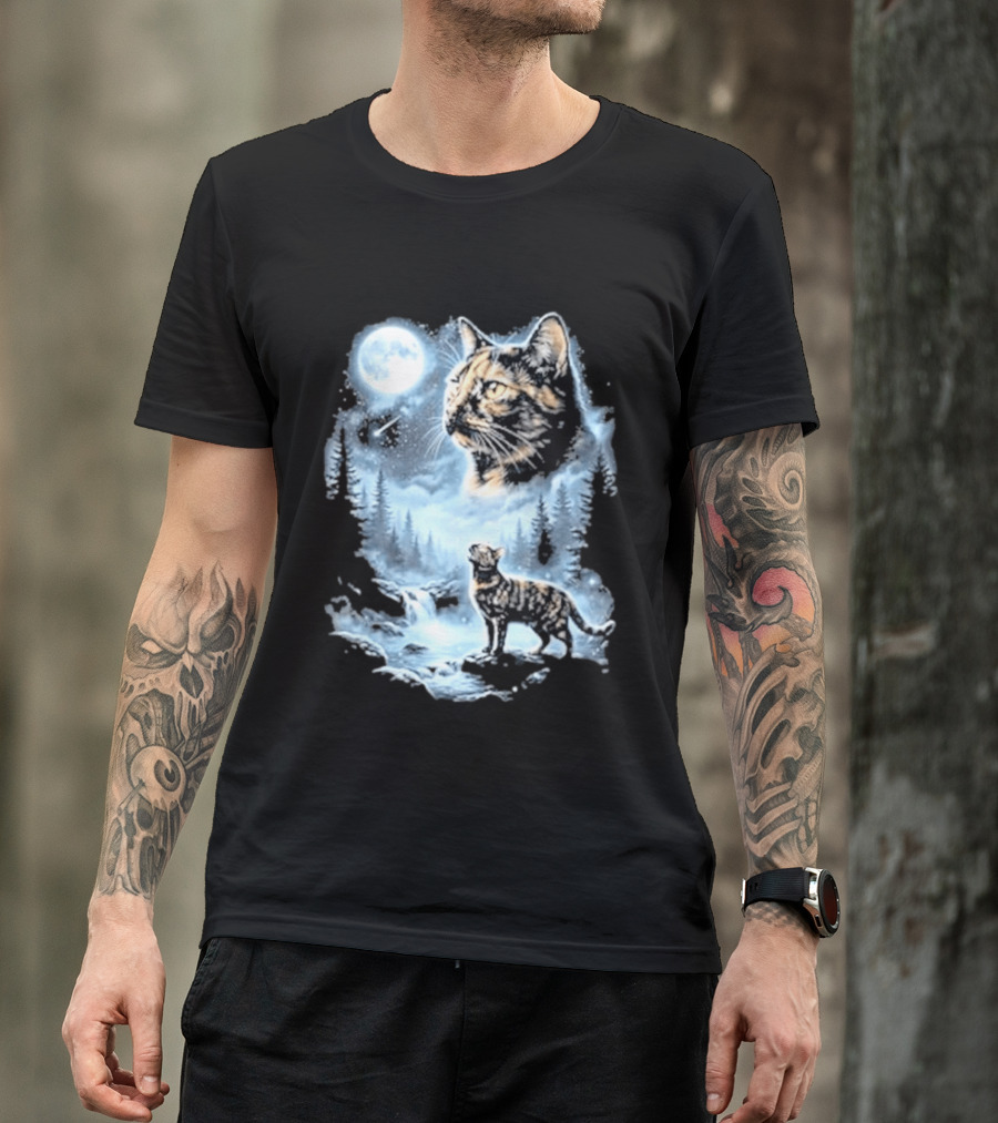Tabby Cat Howling To The Moon Halloween Forest Scene T-Shirt