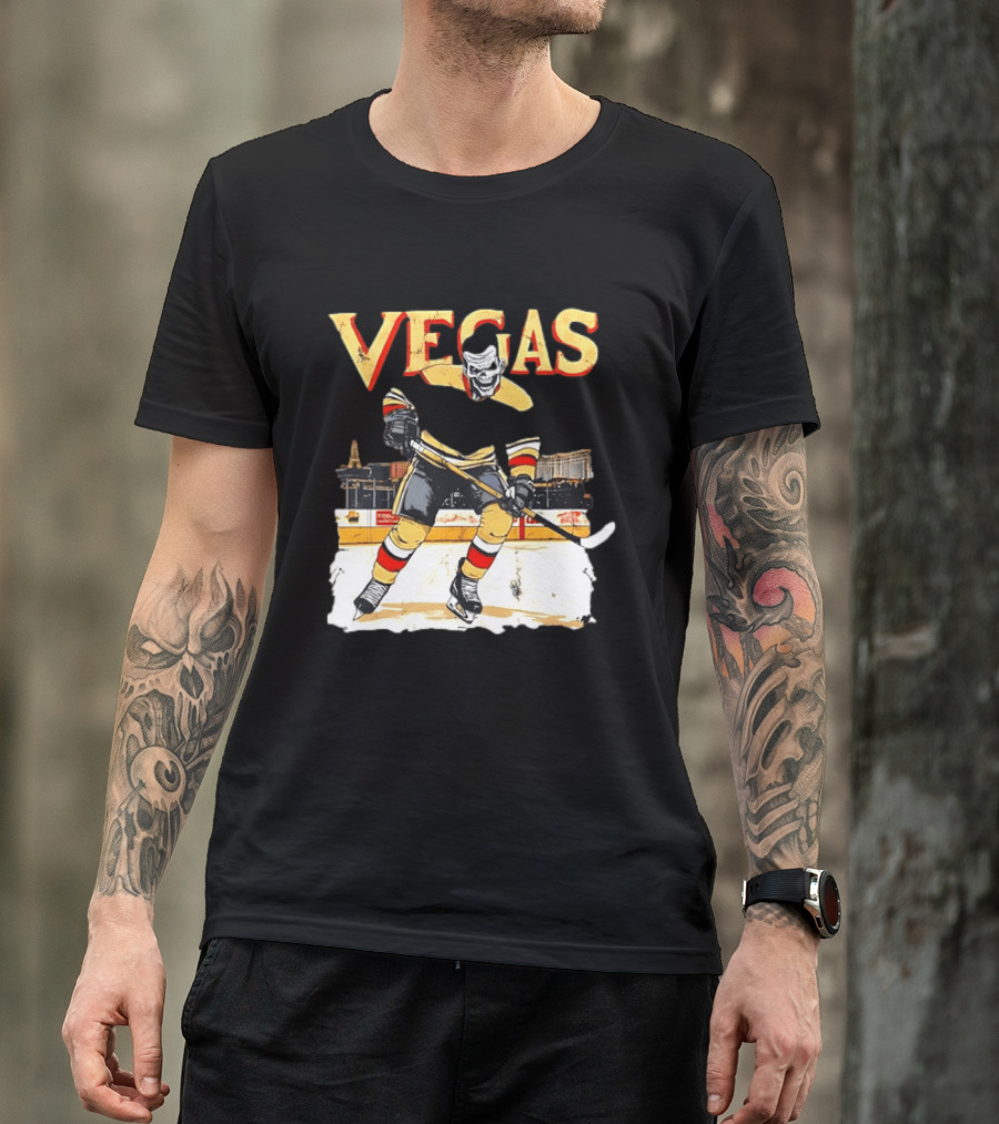 Vegas Hockey Skull Ice Arena Skyline Scene T-Shirt