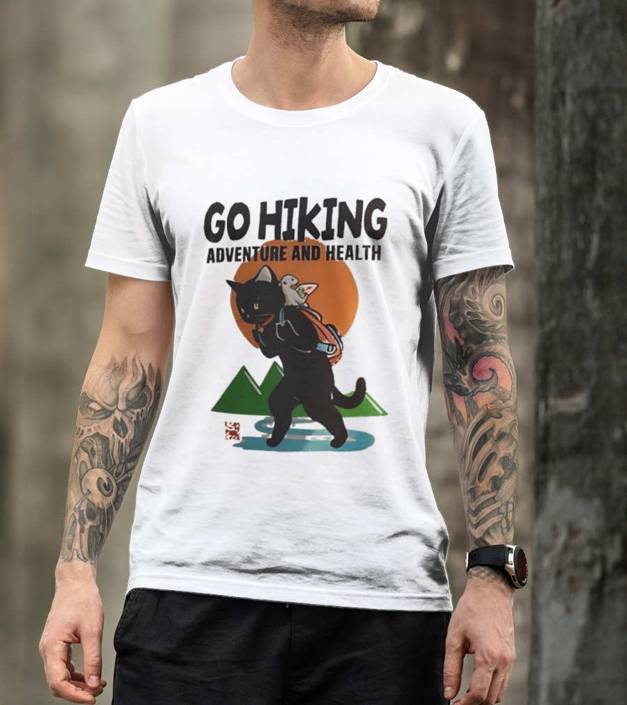 Go Hiking Adventure And Health Black Cat With Backpack And Bird T-Shirt