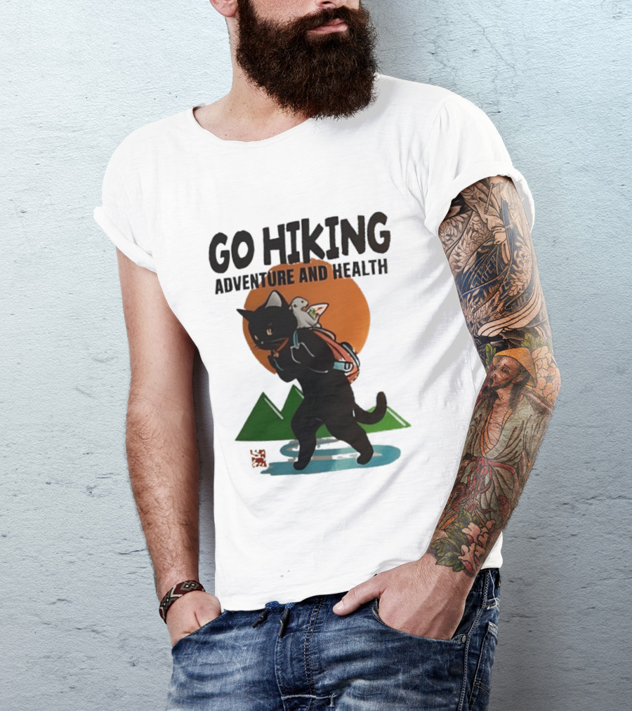 Go Hiking Adventure And Health Black Cat With Backpack And Bird T-Shirt