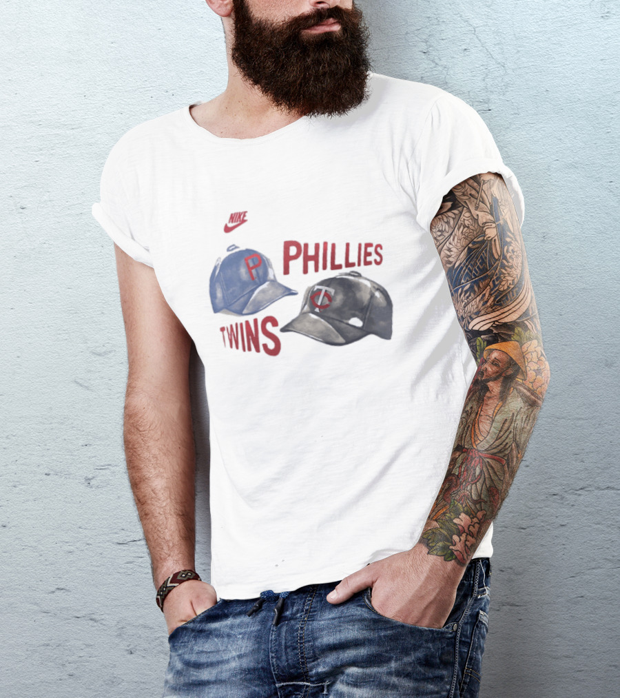 Philadelphia Phillies P Baseball Cap And Minnesota Twins TC Hat Iconic Collaboration With Retro Nike Swoosh T-Shirt