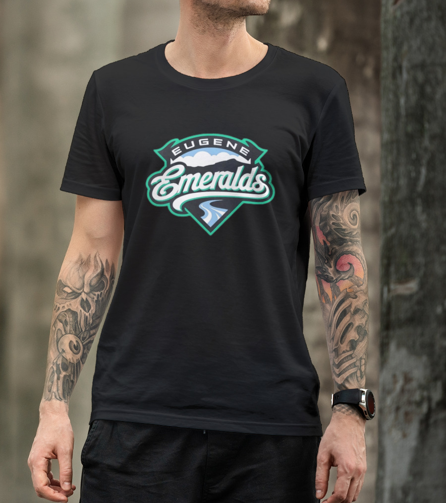 Eugene Emeralds Baseball Team Green Crest With Mountains And River Motif T-Shirt