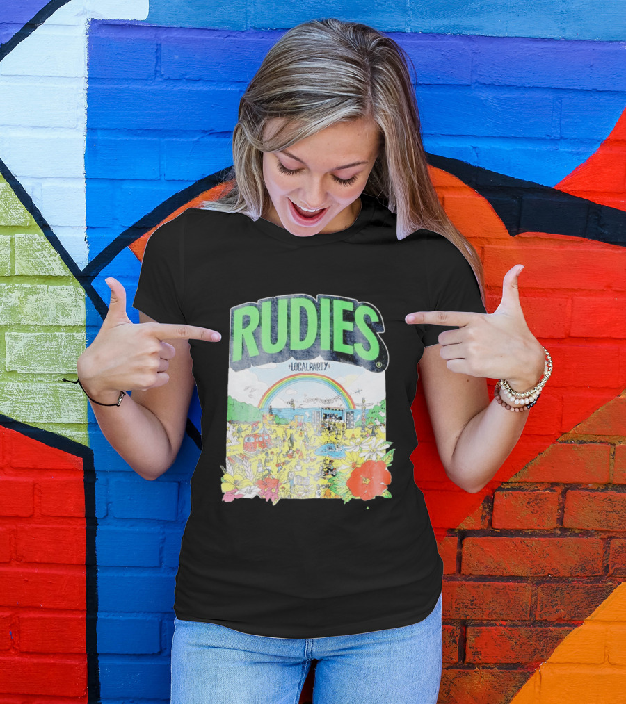 Rudie's 35th Anniversary Local Party Featuring 10 Feet G Freak Factory Dustboz Colorful Celebration With Rainbow And Flowers T-Shirt