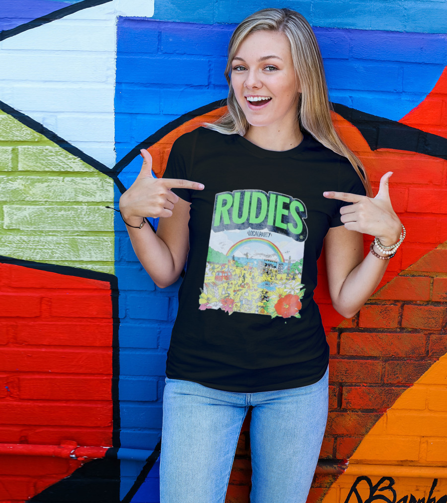 Rudie's 35th Anniversary Local Party Featuring 10 Feet G Freak Factory Dustboz Colorful Celebration With Rainbow And Flowers T-Shirt