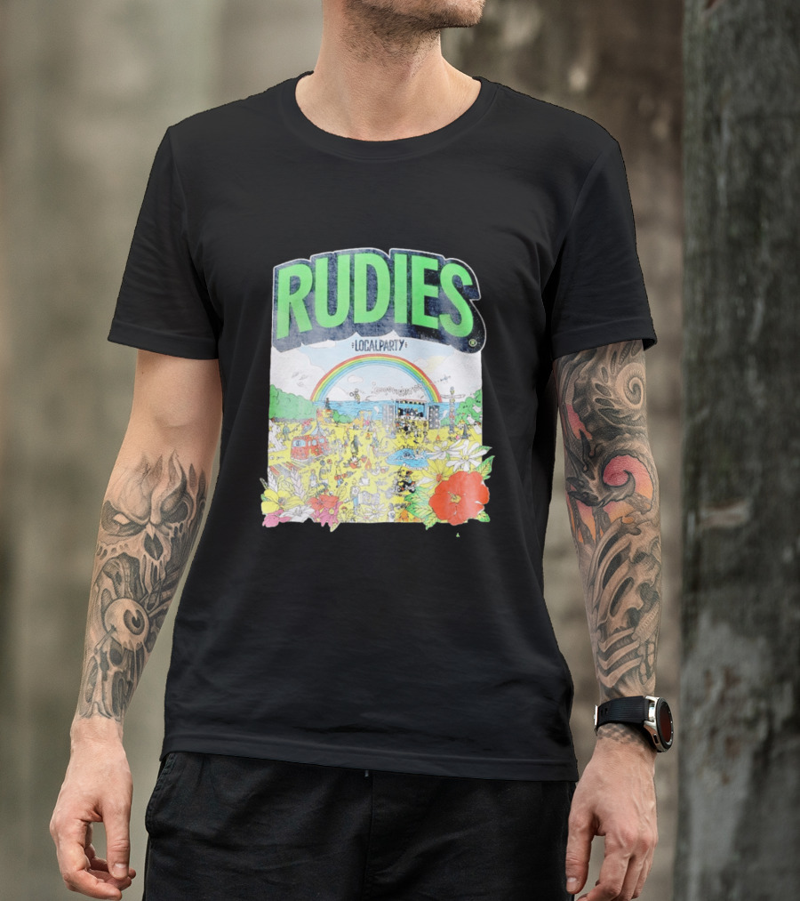 Rudie's 35th Anniversary Local Party Featuring 10 Feet G Freak Factory Dustboz Colorful Celebration With Rainbow And Flowers T-Shirt