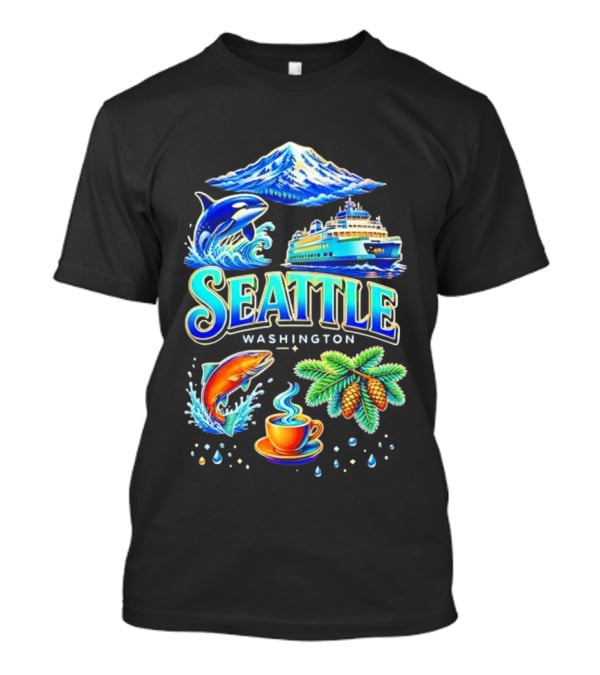 Seattle Washington Orca Whale Ferry Salmon Coffee Pine Cones Mount Rainier T-Shirt
