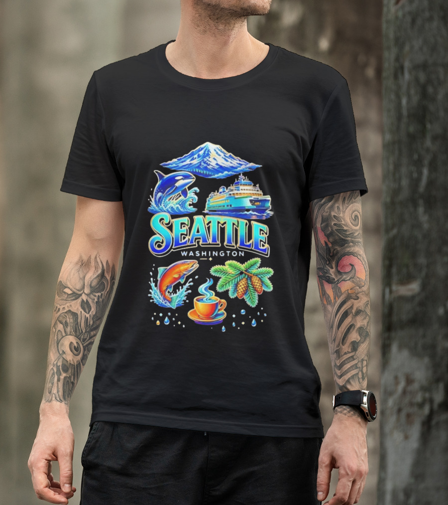 Seattle Washington Orca Whale Ferry Salmon Coffee Pine Cones Mount Rainier T-Shirt
