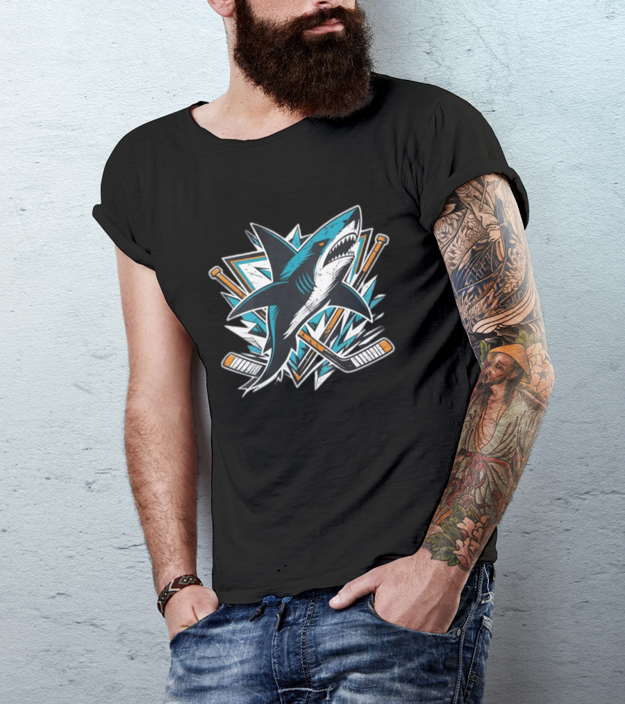 San Jose Sharks Hockey Attack Emblem With Shark And Crossed Hockey Sticks T-Shirt