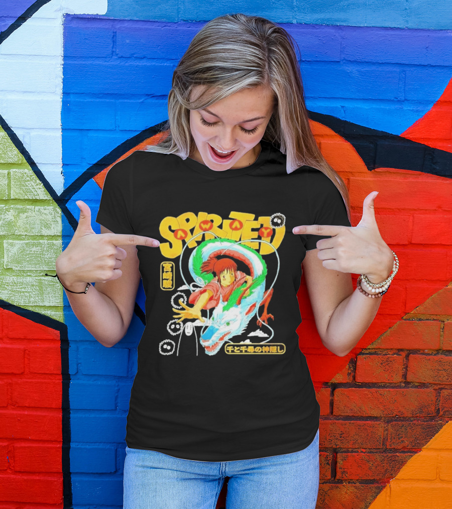 Spirited Away Chihiro Riding Haku Dragon Japanese Text No Face Soot Sprites T-Shirt