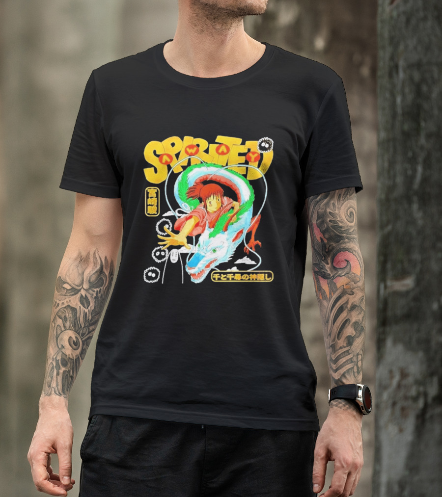 Spirited Away Chihiro Riding Haku Dragon Japanese Text No Face Soot Sprites T-Shirt