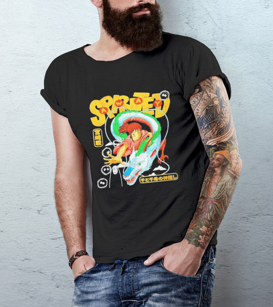 Spirited Away Chihiro Riding Haku Dragon Japanese Text No Face Soot Sprites T-Shirt