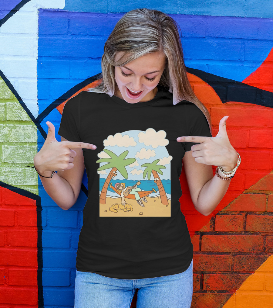 Hammock Guitar Player With Sleeping Dog On Tropical Beach Scene T-Shirt