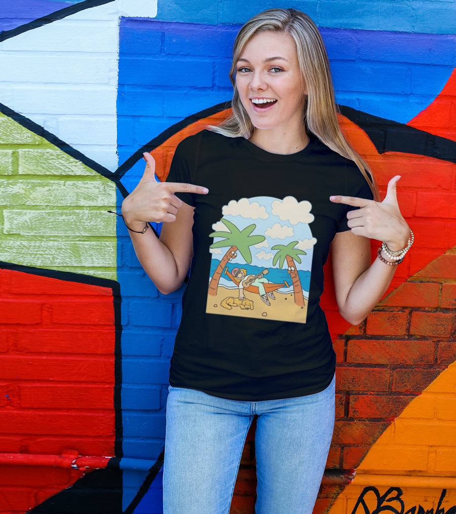 Hammock Guitar Player With Sleeping Dog On Tropical Beach Scene T-Shirt