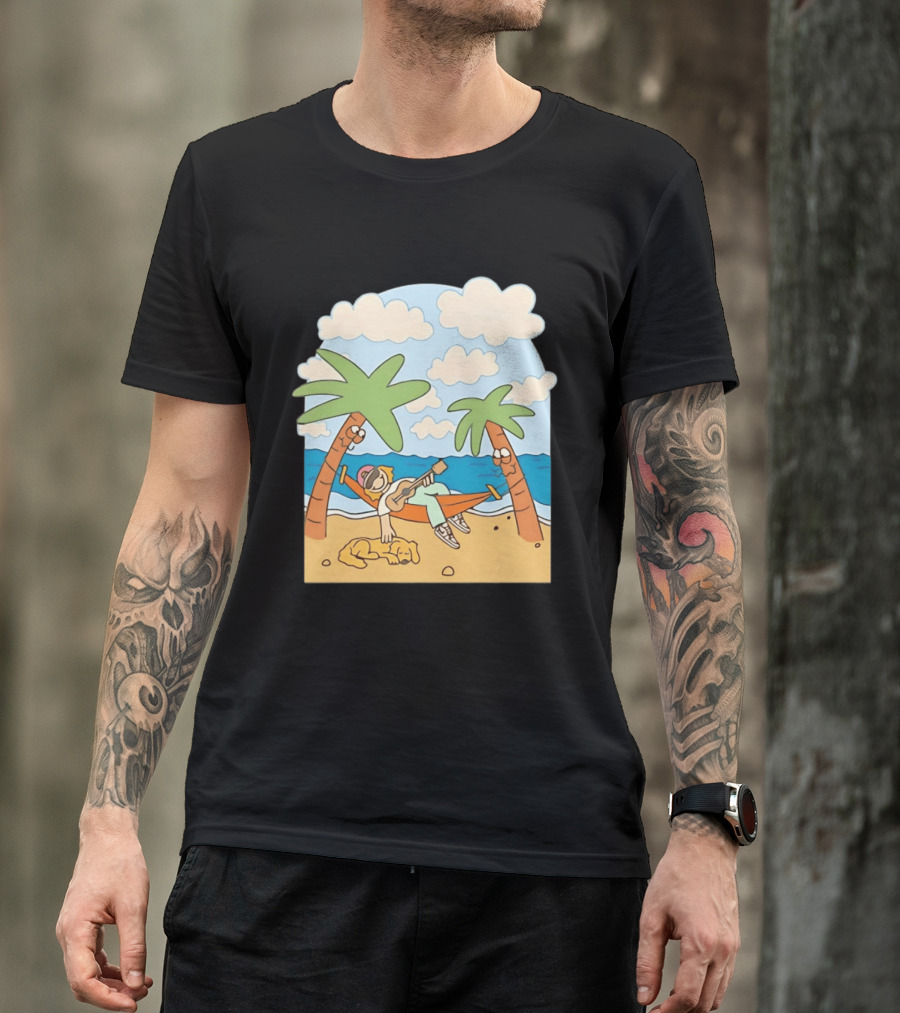 Hammock Guitar Player With Sleeping Dog On Tropical Beach Scene T-Shirt