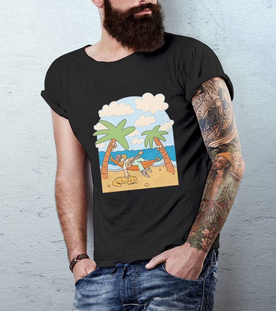 Hammock Guitar Player With Sleeping Dog On Tropical Beach Scene T-Shirt