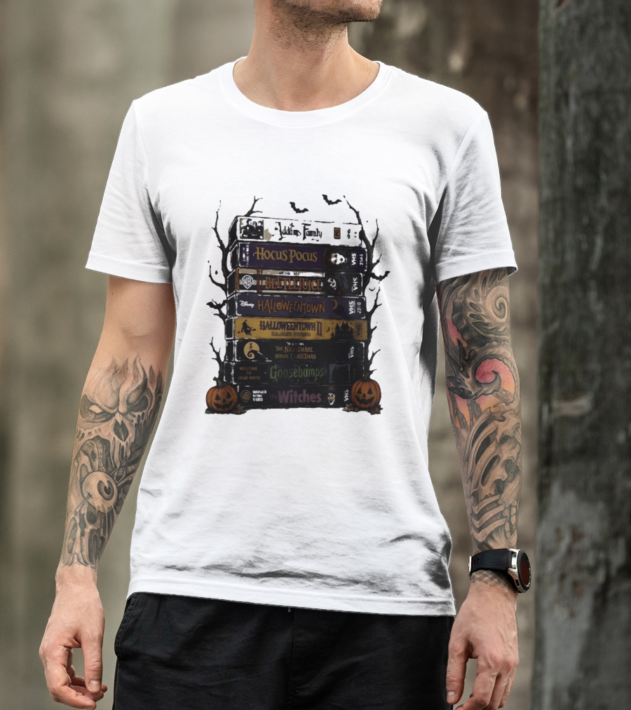 The Addams Family Hocus Pocus Beetlejuice Halloweentown Halloween II The Nightmare Before Christmas Goosebumps The Witches VHS Stack T-Shirt